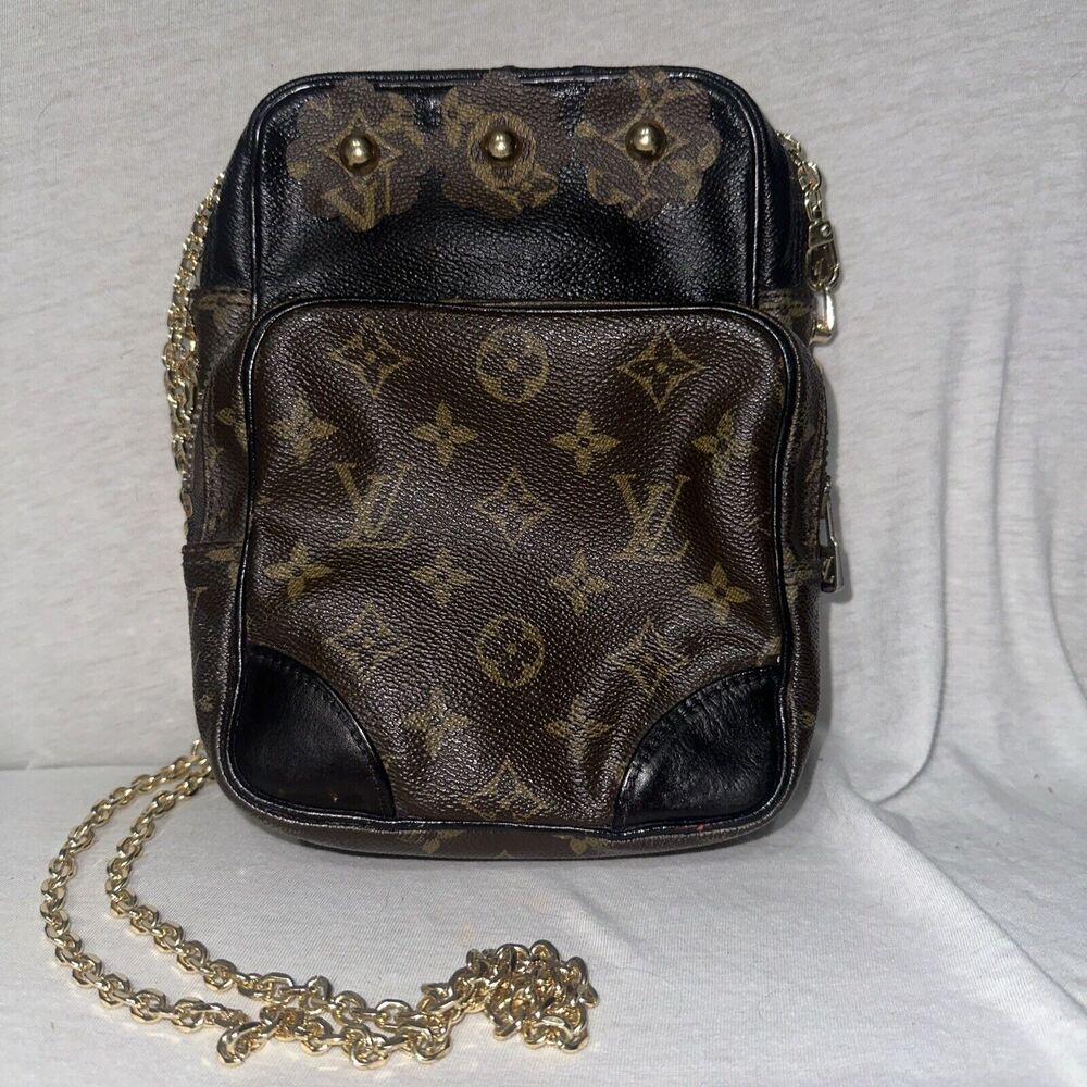 Louis Vuitton Monogram Canvas Shoulder Bag with Black Trim and Gold Chain Strap